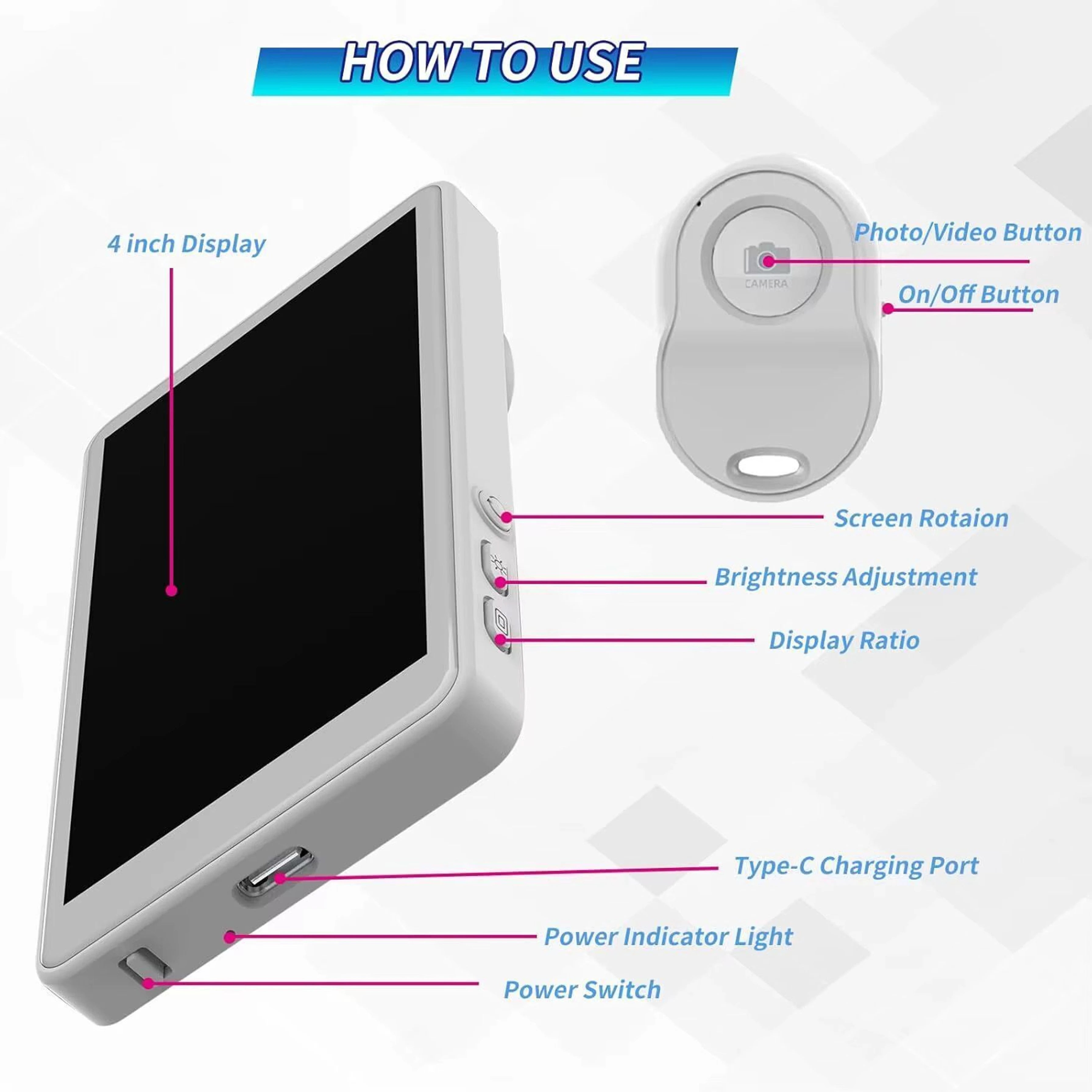 Wireless Magnetic Selfie Vlog Screen for iPhone & Android, 4" Mirror Monitor Single Gimbal for Mobile (N/A)